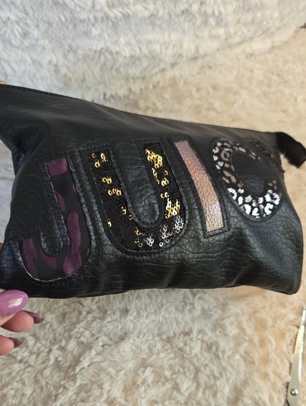 Juicy Couture Black Sequin Logo Wristlet with Purple Accents EUC